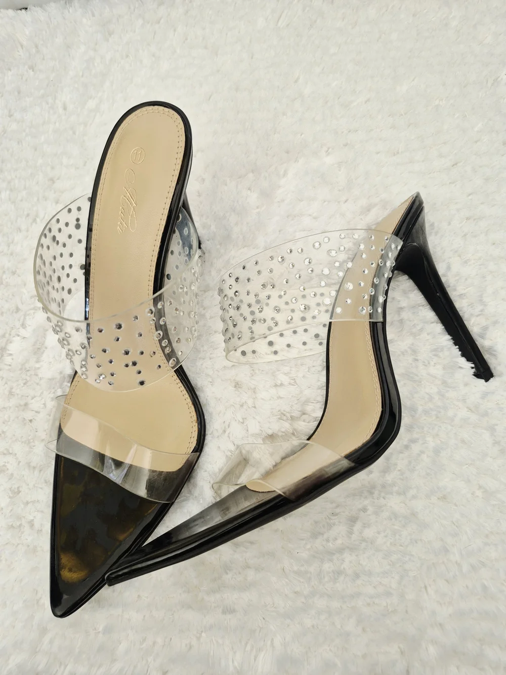 Clear Rhinestone Strap Black Pointed-Toe Heels